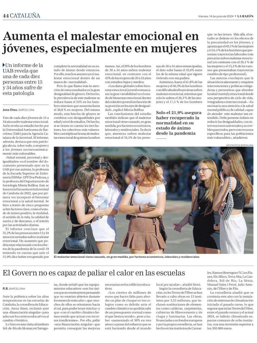 Noticia al diari La Razon sobre el malestar emocional dels joves